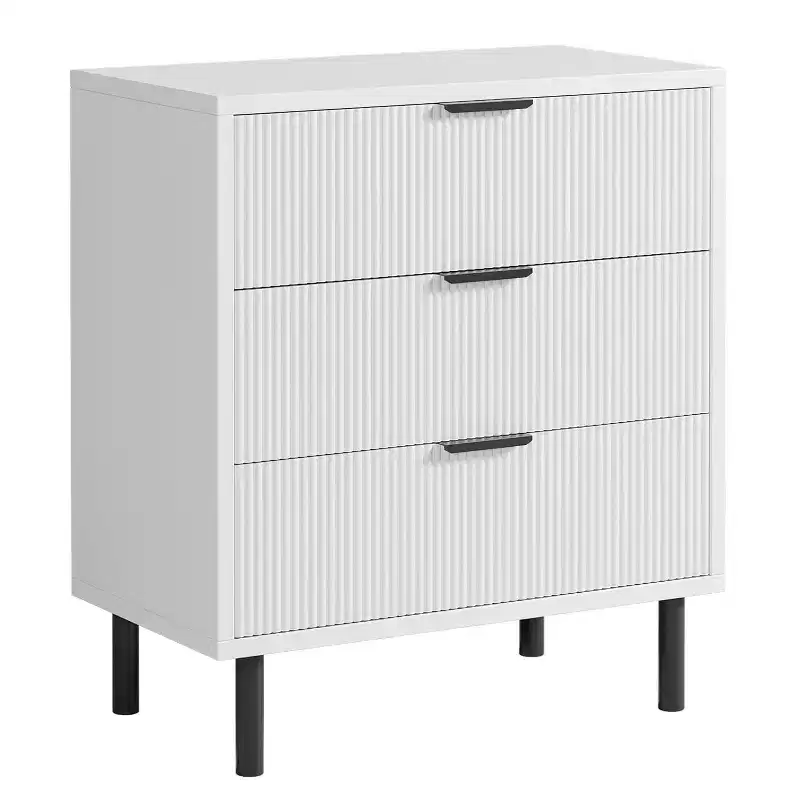 Acekool Textured 3-Drawer Dresser 28 Wide - Compact Storage with Metal Legs for Bedroom Hallway Small Spaces, White