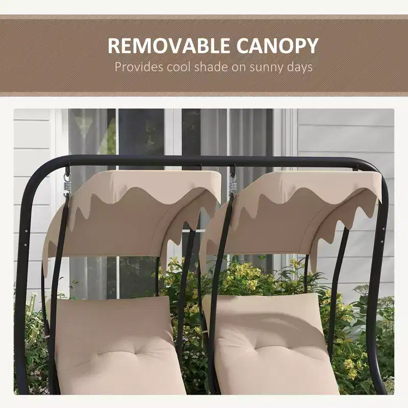 2-Person Patio Swing with Removable Canopy Cup Holders and Separate Seats Beige