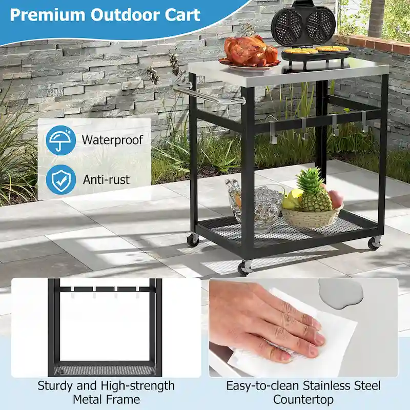 Gymax 2-tier Stainless Steel Grill Cart w/ Wheels & Handle 4 Hooks