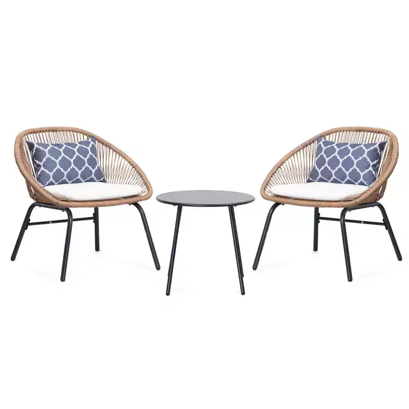LAUSAINT 3-Piece HOME Wicker Bistro Set 2 Wide Chairs and Coffee Table Perfect Porch, Backyard, Balcony