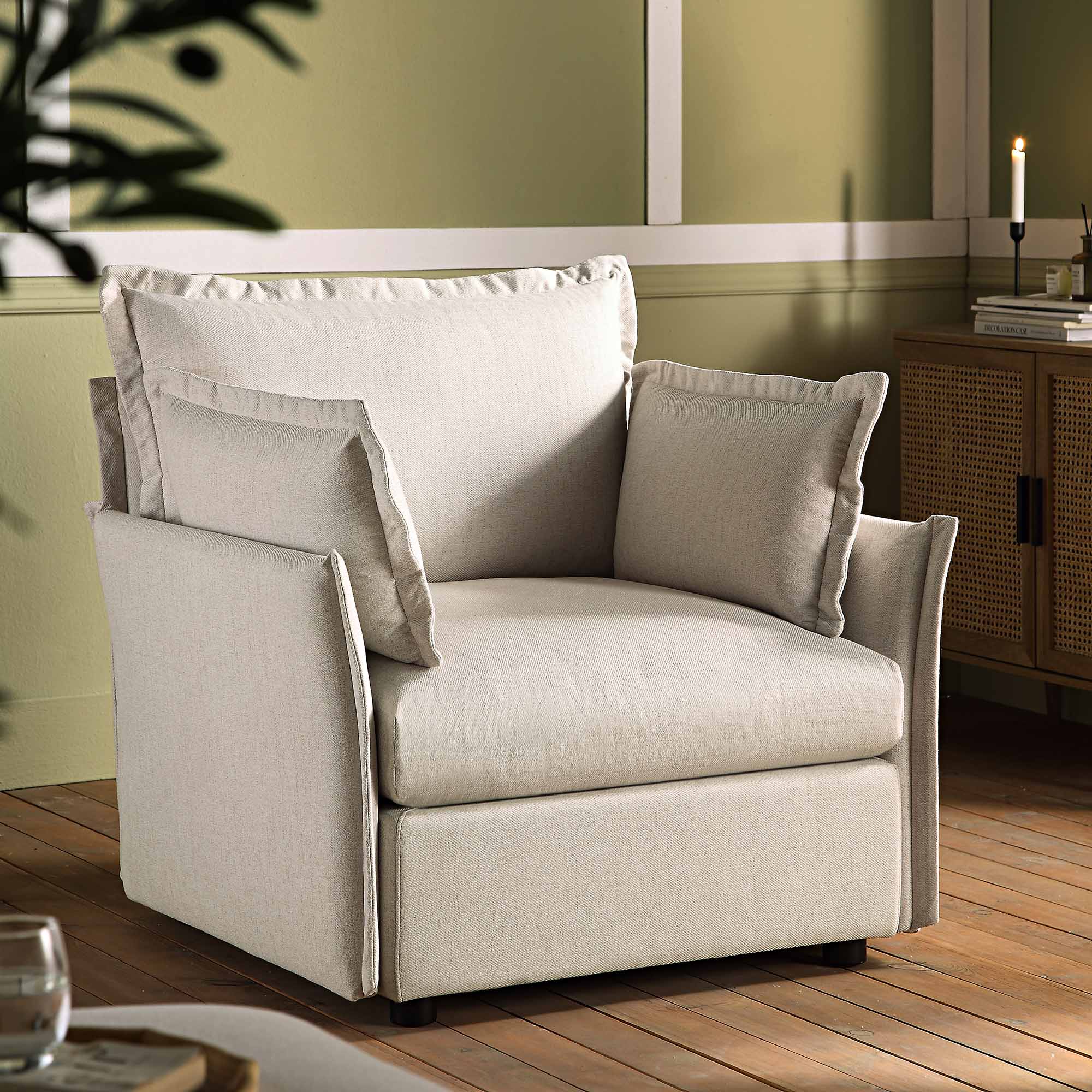 Pillow Edge Beige Fabric Sectional Sofa, 1-Seater