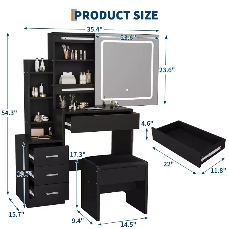 54.3 Modern LED Makeup Vanity Set with Upholstered Stool, 4 Drawers & Sliding Mirror, Open Storage Shelves for Bedroom & Bathroom