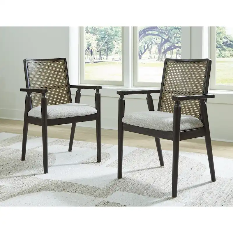 Dining Arm Chair with Faux Cane Backrest - Black/Gray, Set of 2