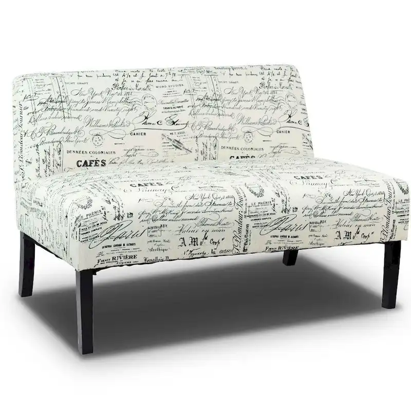 Modern Loveseat Sofa with Off-White Cursive Pattern Upholstery and Black Wood Legs - 50 x 28 x 30.5 (L x W x H)