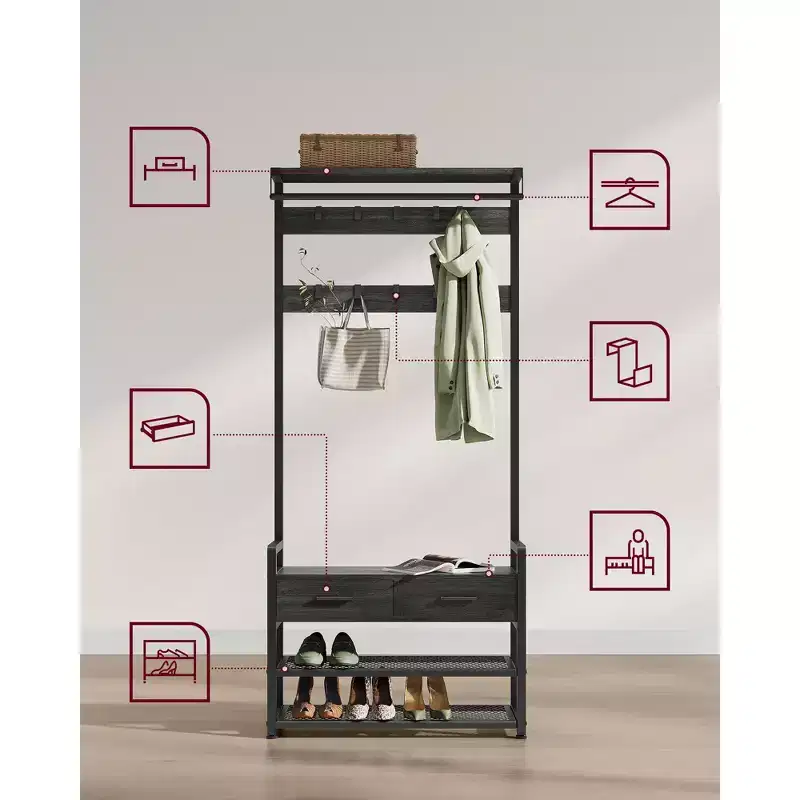 Stone Gray & Ink Black / Vintage Brown & Ink Black Hall Tree with Bench, 6-in-1, 2-Person