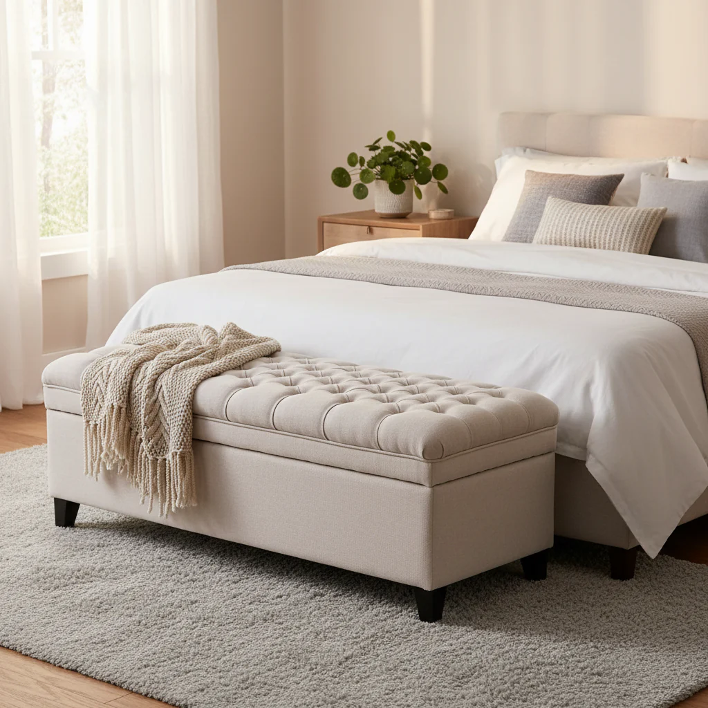 Storage Bench Ottoman, 50 Inch Seat, Button Tufted Gray Fabric