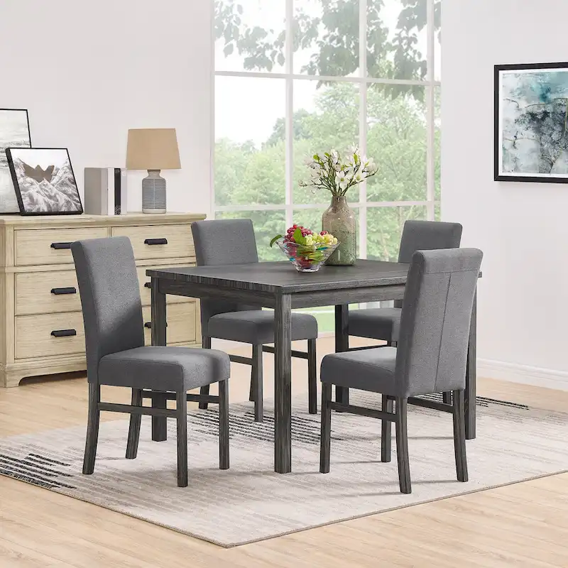 Rustic Style 5-Piece Dining Set with Rectangular Small Space Table and 4 Upholstered Dining Chairs