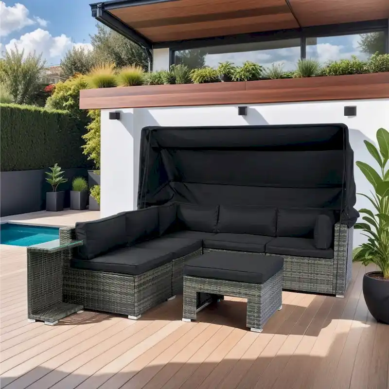 7-Piece Patio Furniture w/Retractable Canopy Wicker Rattan Sectional Sofa