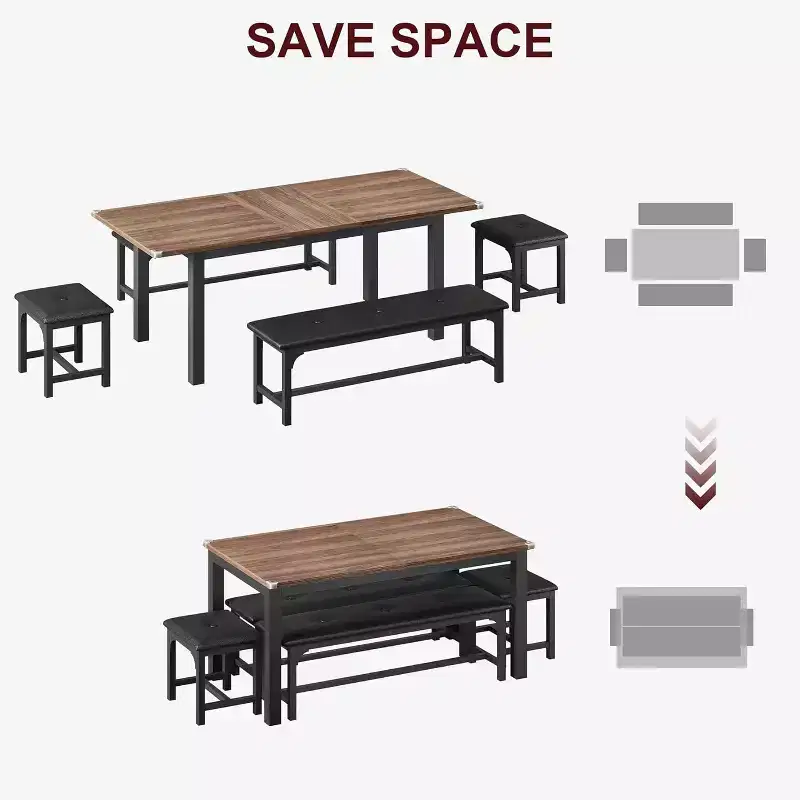 63'' Extendable 5-Piece Dining Table Set With 2 Benches and 2 Square Stools for 4-8 People, Perfect for Small Space, Walnut