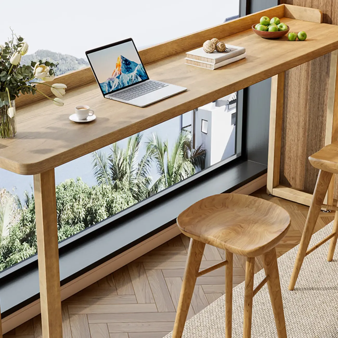 Natural Wood Rectangle Counter Height Bar Table with Rim