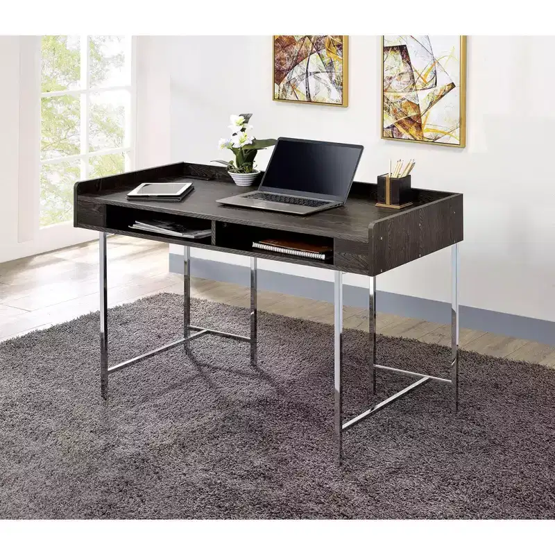 TUYOHW 47 Computer Desk,Office Desk with Storage Drawer,USB Port,Power Outlet,Brown Wood Desktop,Silver Steel Legs,Writing Desk for Office,Study