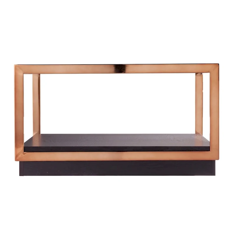 Transitional style square metal coffee table, glass top, wooden base