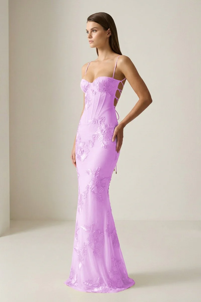 Yellow Spaghetti Straps Sheath Long Prom Dresses With Floral Embroidery