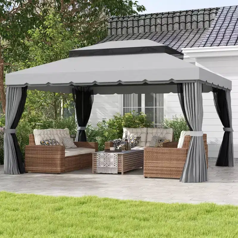 10' x 13' Patio Gazebo w/ Aluminum Frame Double Roof, Outdoor Gazebo Canopy Shelter with Netting & Curtains, Gray