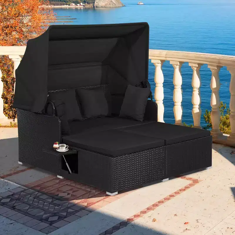 Costway Patio Rattan Daybed Lounge Retractable Top Canopy Side Tables Cushions Off White/Red/Turquoise/Beige