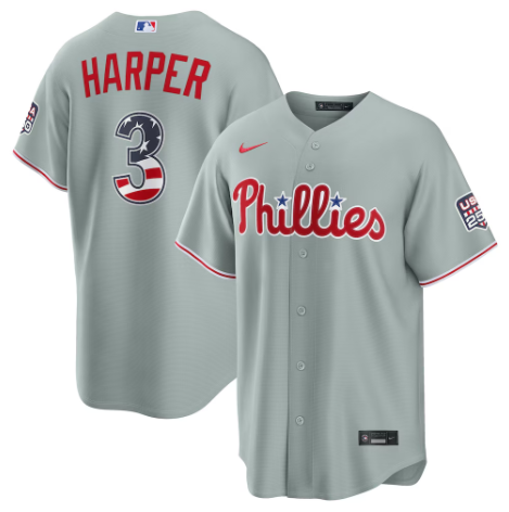 Philadelphia Phillies Bryce Harper Gray USA 250 Fourth of July Road Stadium Jersey