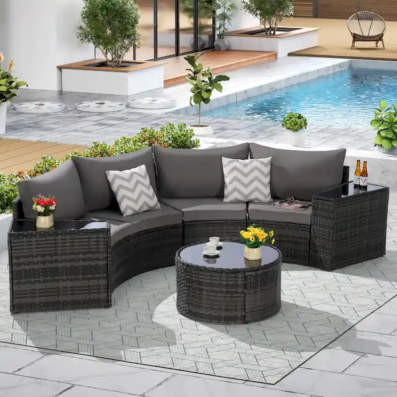 7 Piece Half-Moon Curved Sectional Sofa Set, All-Weather Wicker Patio Conversation Furniture Set with Round Coffee Table