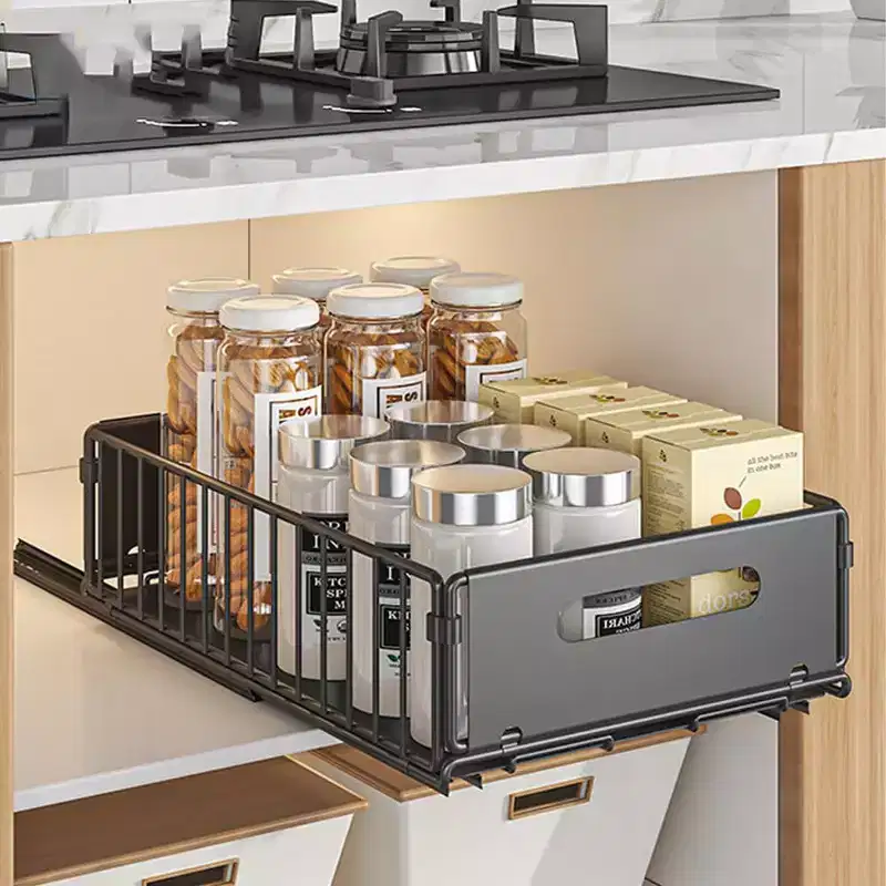 Telescopic Drawer, Extendable Drawer 37.5 D x 24.5 W x 10 H cm, Carbon Steel Kitchen Cabinet Organiser