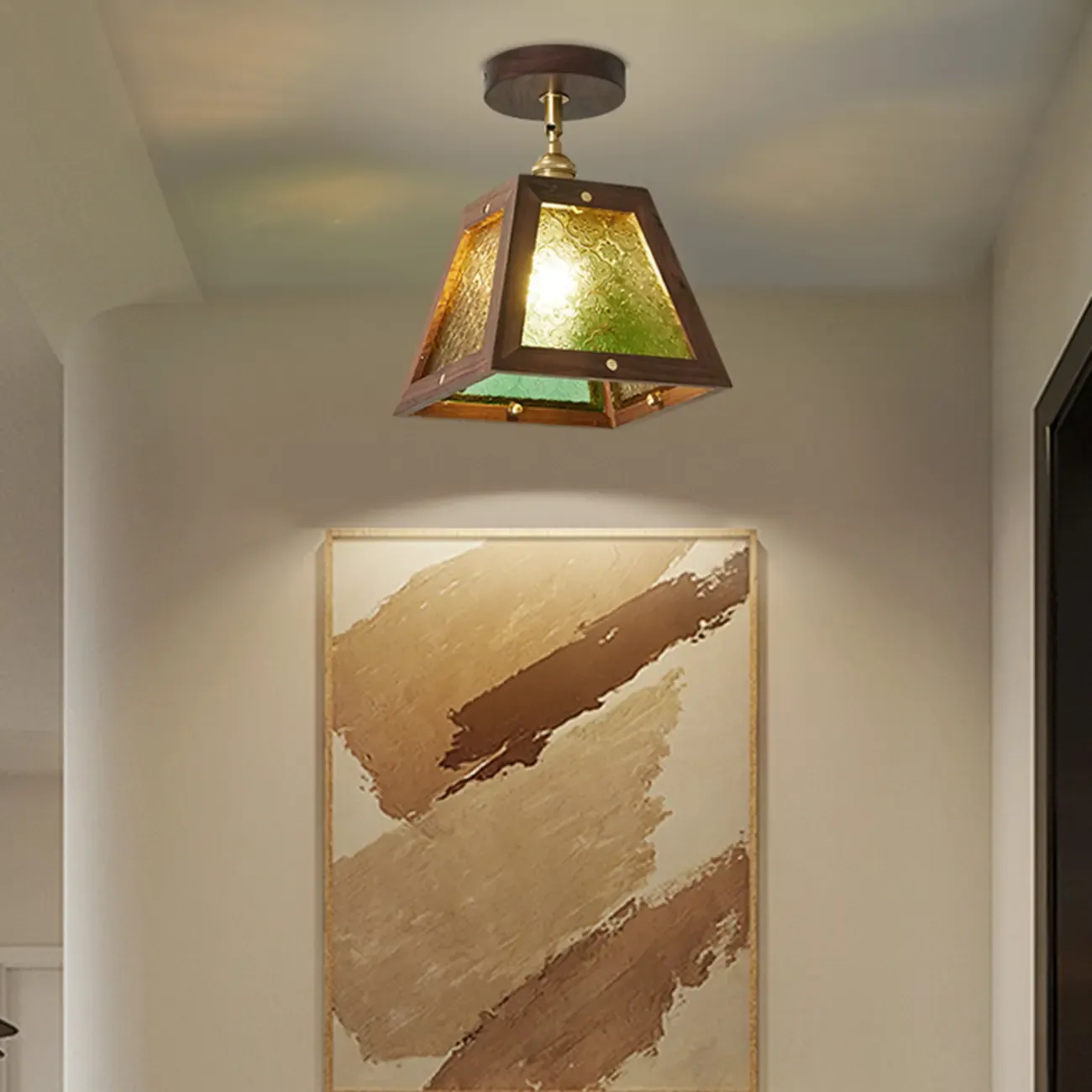 Mini Trapezoidal Walnut Semi-Flush Ceiling Light for Home