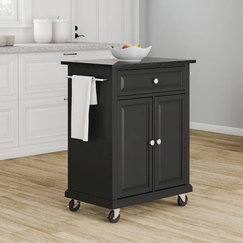 Compact Solid Black Granite Top Portable Kitchen Cart/ Island in Black Finish - 18d x 31w x 35.5h