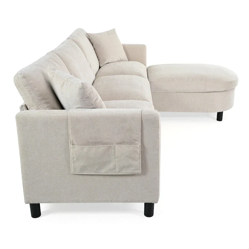 Beige 107.87 Spacious 4-Seater Sofa with Movable Ottoman