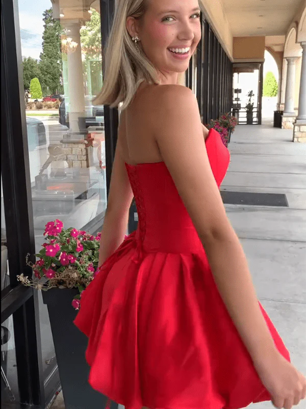 Red - Strapless A Line Pleated Satin Homecoming Dresses With Flower