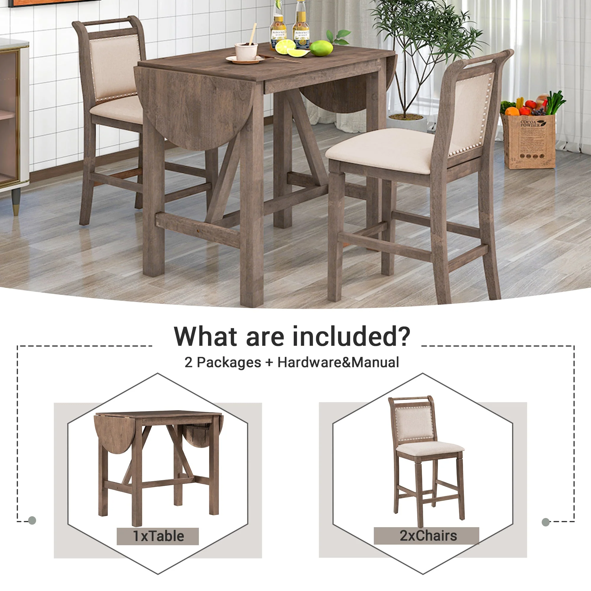 Walker Edison | 3-Piece Wood Counter Height Drop Leaf Dining Table Set with Chairs
