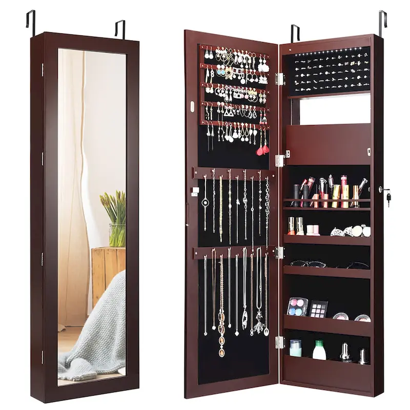 Lockable Jewelry Armoire LED Jewelry Cabinet with Full Length Mirror