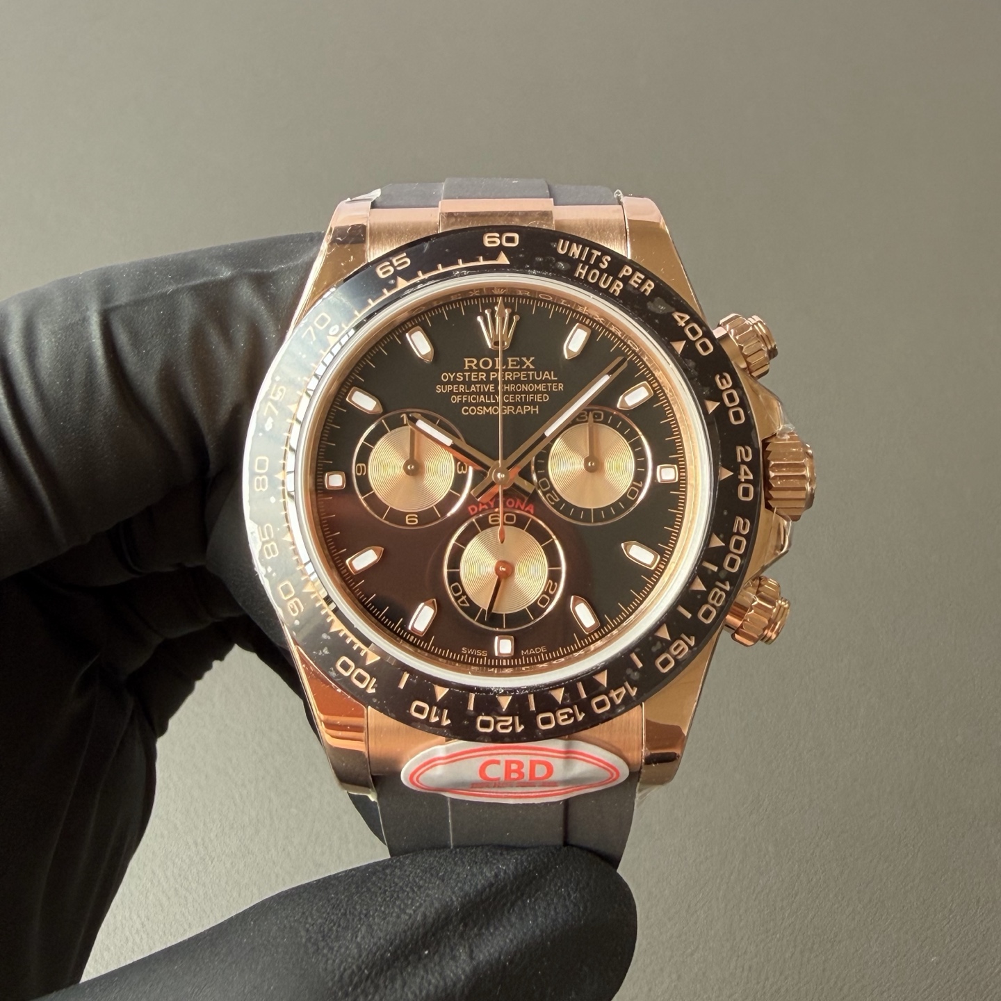 Premium replica Rolex Daytona rose gold case black ceramic bezel with 4130 clone movement