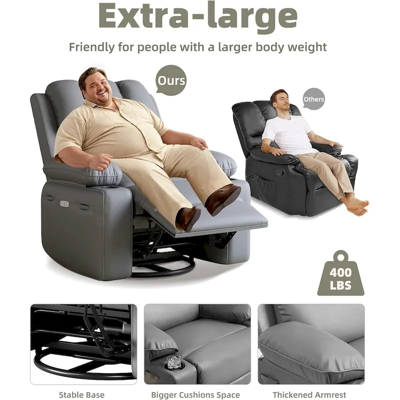 Grey / Beige Oversized Swivel Rocking Recliner with Heat & Massage – Modern Style, 1 Person Use