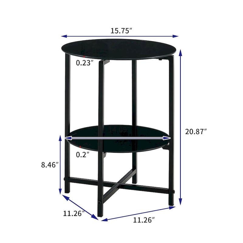 2-layer Round Tempered Glass End Table/Coffee Table with Iron Frame