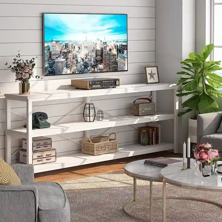 White/Brown/Grey/Gold Narrow Console Table with 3-Tier Shelves, 1-Person