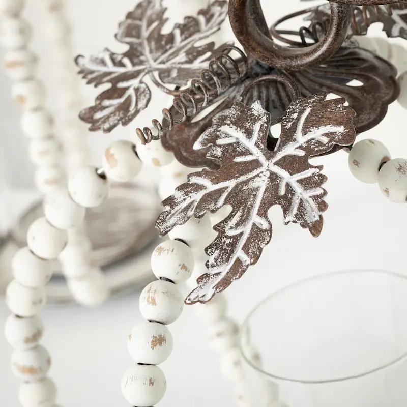 Beaded Pumpkin Pillar Holders White 13 H Wood Set of 2 - 10 L x 10 W x 13 H; 11.5 L x 11.5 W x 11.5 H