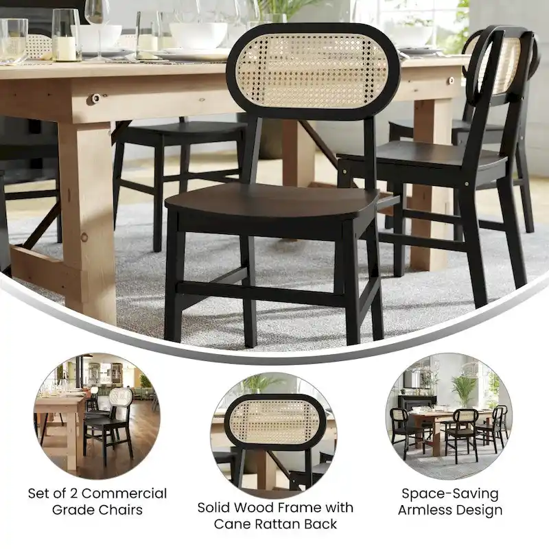 Set of 2 Cane Rattan Dining Chairs with Wood Frame