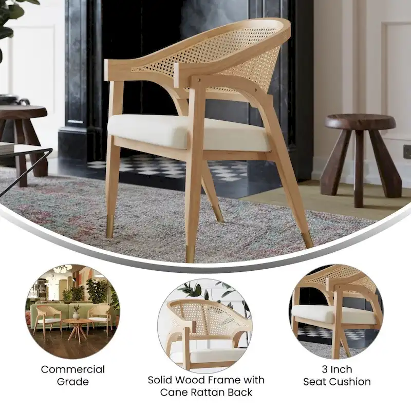 Cane Rattan Dining Chair with Upholstered Seat and Armrests