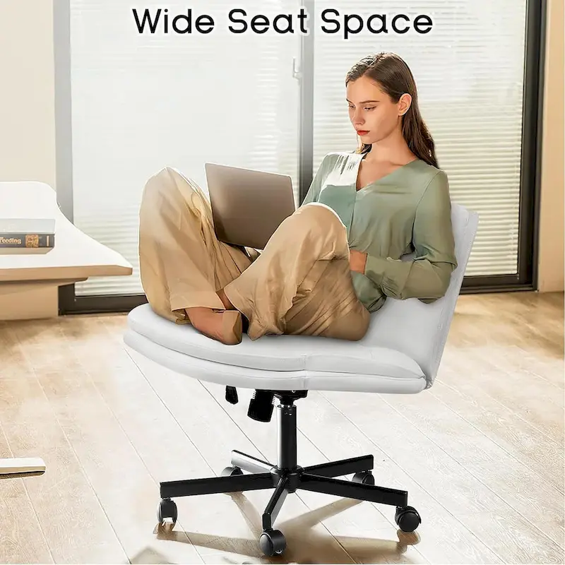 Cross Chair with Wheels,PU Leather Armless Cross Legged Office chair, Adjustable Wide Seat Task Vanity Chair