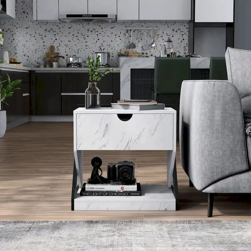 DH BASIC Modern White Faux Marble 1-Drawer Nightstand Side Table by Denhour