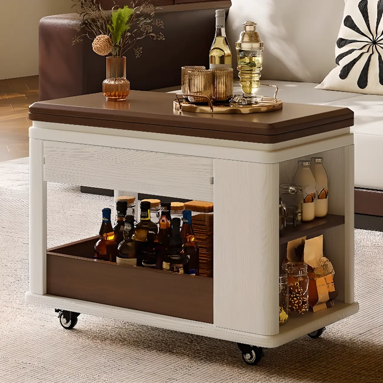 Multi-functional Wood Rolling Side Table Foldable Table Top