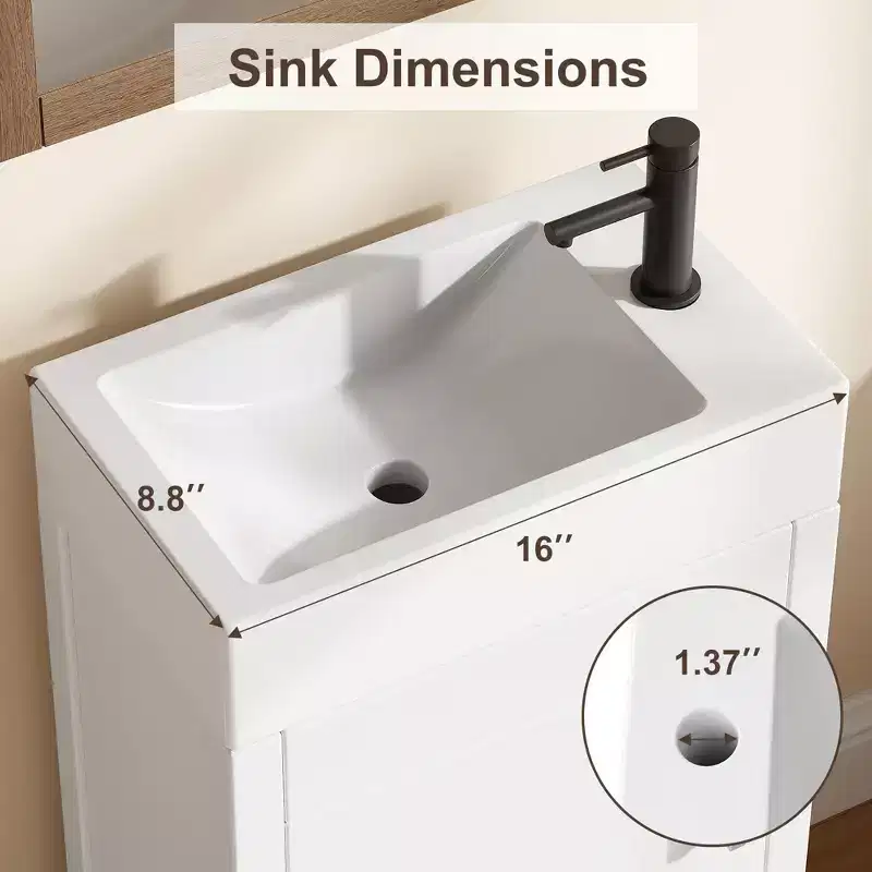 Space-Saving Modern Bathroom Vanity with basin - 16 Inch Freestanding Wooden Cabinet, Metal Handle, Farmhouse Style, Easy Assembly