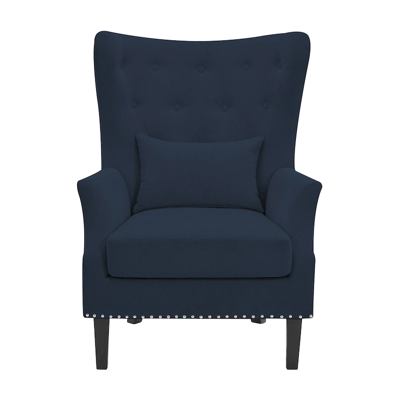 Classic Nailhead Trim Corduroy Wingback Armchair with a Lumbar Pillow and Rubberwood Legs