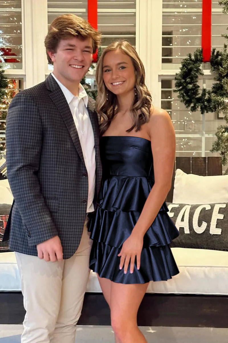 Navy Blue - Strapless A Line Satin Ruffle Short Homecoming Dress