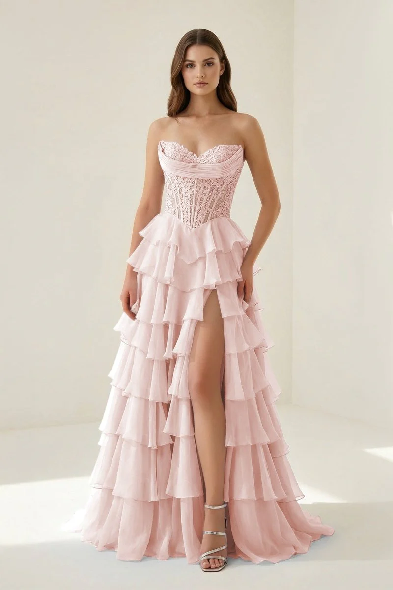 Pink - Strapless A Line Chiffon Ruffled Prom Dresses With Appliques