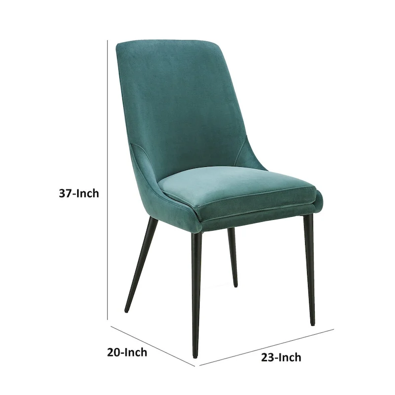 Wils 20 Inch Set of 2 Dining Chairs, Green Velvet, Black Tapered Metal Legs