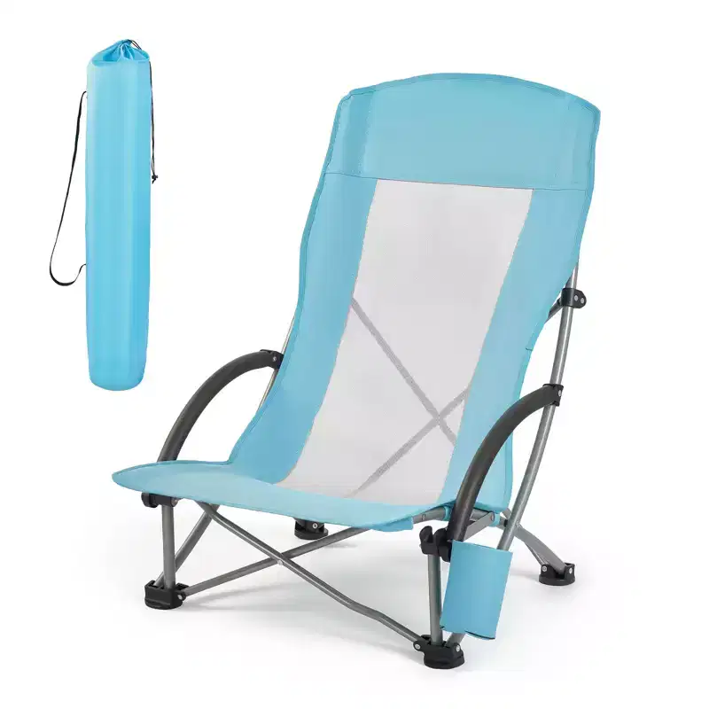 VEVOR Folding Beach Chair, High Back Camping Chairs for Adults,with Cup Pocket, Mesh Back,Carry Bag, Portable Extra Wide Seat Chair 330 lbs,Light Blue