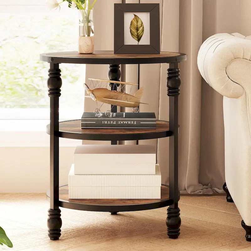 3-Tier Round Side Table with Wood Grain Finish
