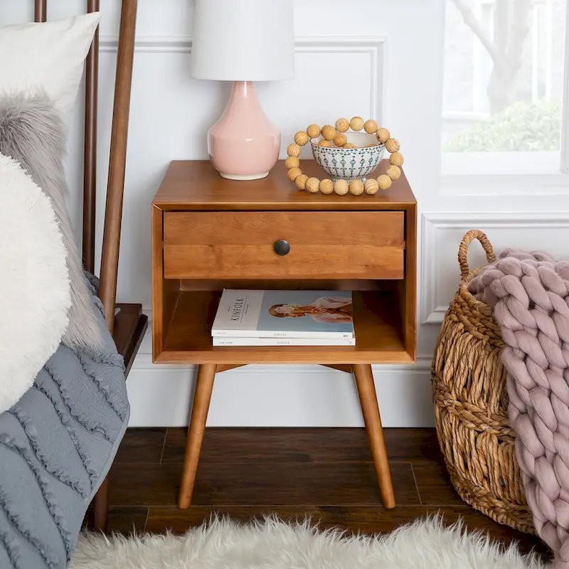 Mid-Century Solid Wood 1-Drawer Nightstand
