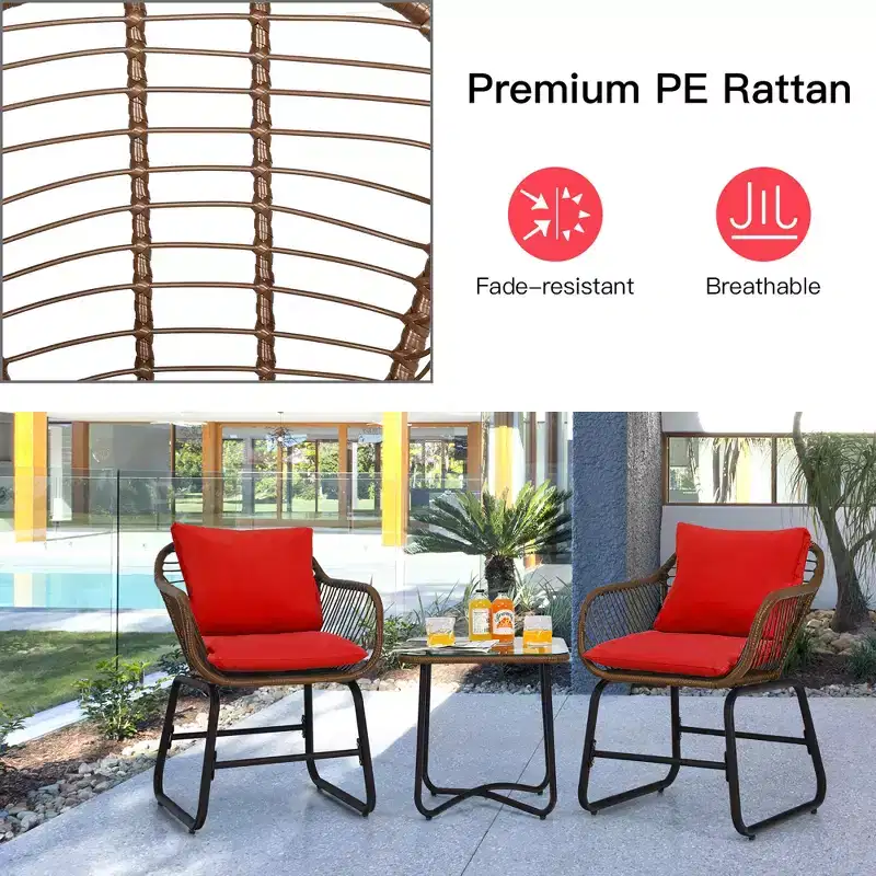 Costway 3PCS Patio Rattan Bistro Set Cushioned Chair Glass Table Deck White\Turquoise