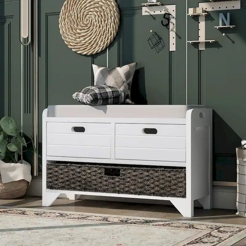 32 Farmhouse Versatile Entry Upholstered Storage Bench with 2 Drawers and Removable Basket