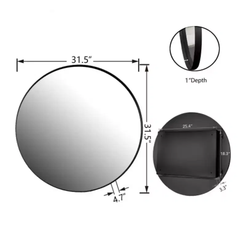 31.5 Inch Surface Mount Round Metal Framed Medicine Cabinet with Mirror and Adjustable Shelves Black Wall Mirror with Storage for Bathroom