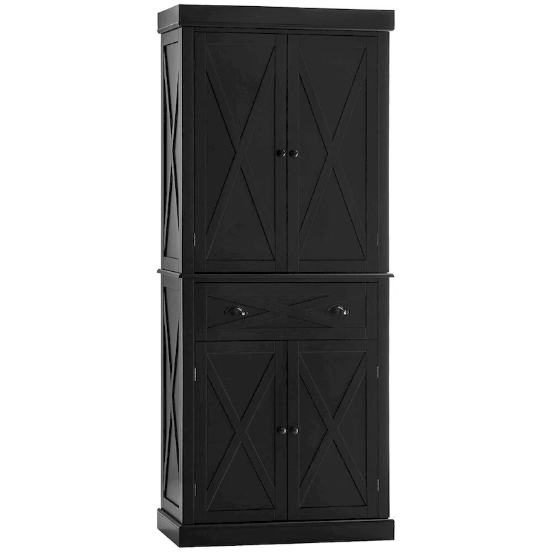 Black Freestanding 4-Door Pantry Cabinet with 6 Shelves and 1 Drawer